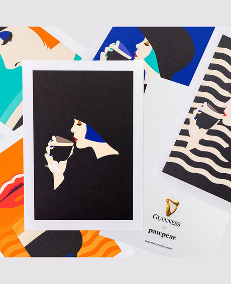 Collage of colorful illustrations with a central black square featuring a white silhouette of a person holding a glass.