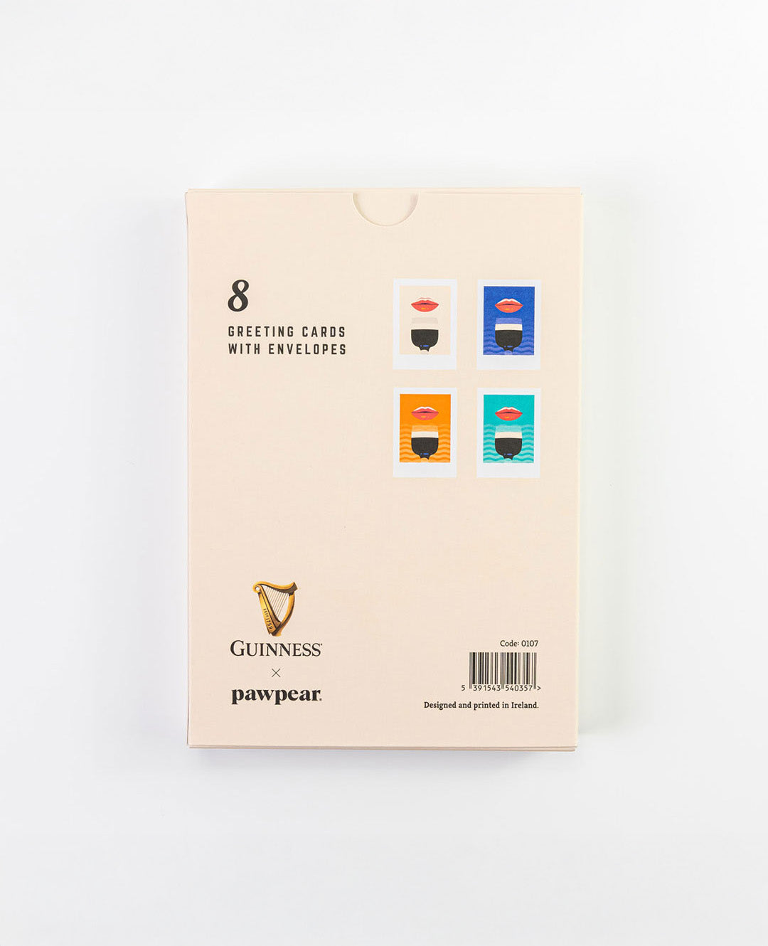 Pack of 8 greeting cards with envelopes featuring Guinness and pawpear branding on a beige background.