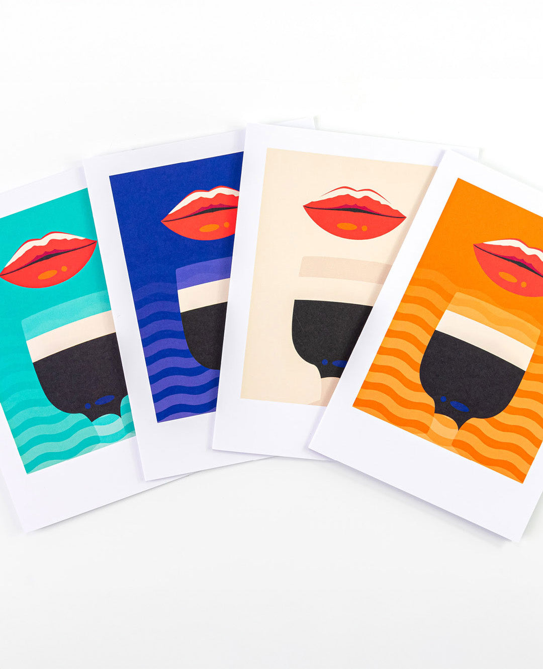 Four colorful greeting cards with abstract designs on a white background