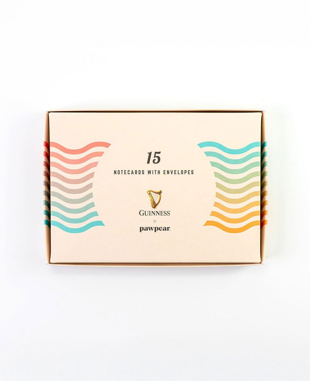 Box of 15 notecards with envelopes featuring colorful wave designs on a white background.