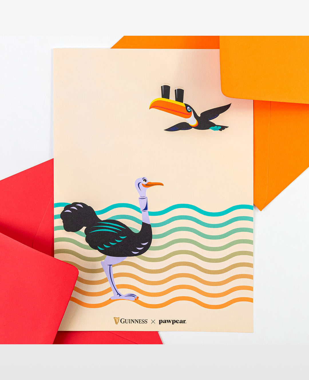 Card with bird illustration and colorful design, featuring Guinness x Pawpar branding.