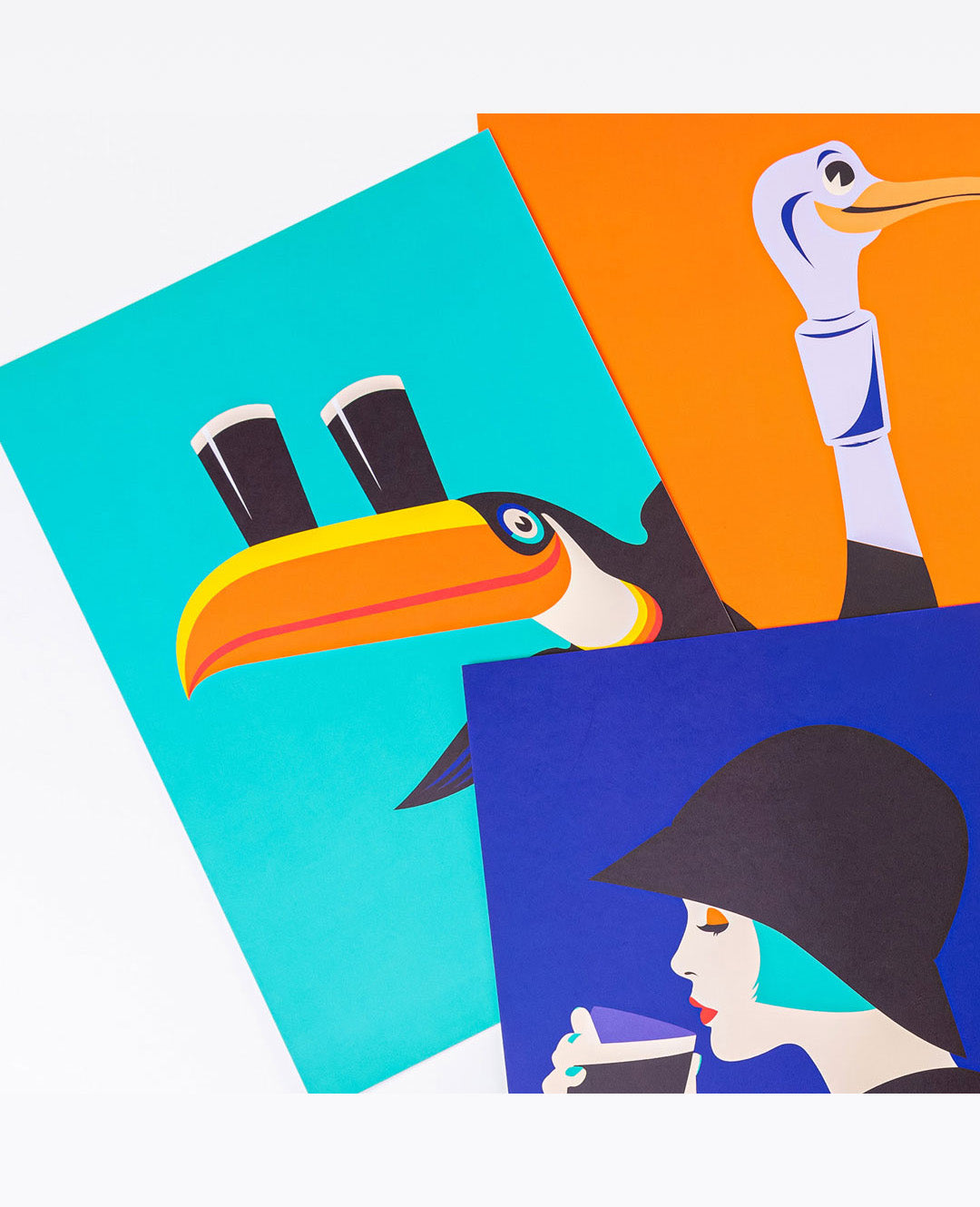 Three colorful illustrations of a toucan, a pelican, and a woman with a hat on a white background.