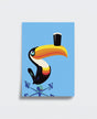 Colorful toucan illustration on a blue background with a compass design.