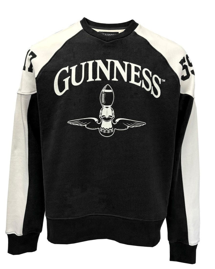 Black and white Guinness sweatshirt with logo on a white background