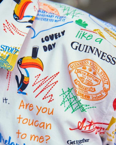 Detail image of the Guinness Storehouse white shirt from the new doodle range, exclusive at the Guinness Storehouse, in Ireland.