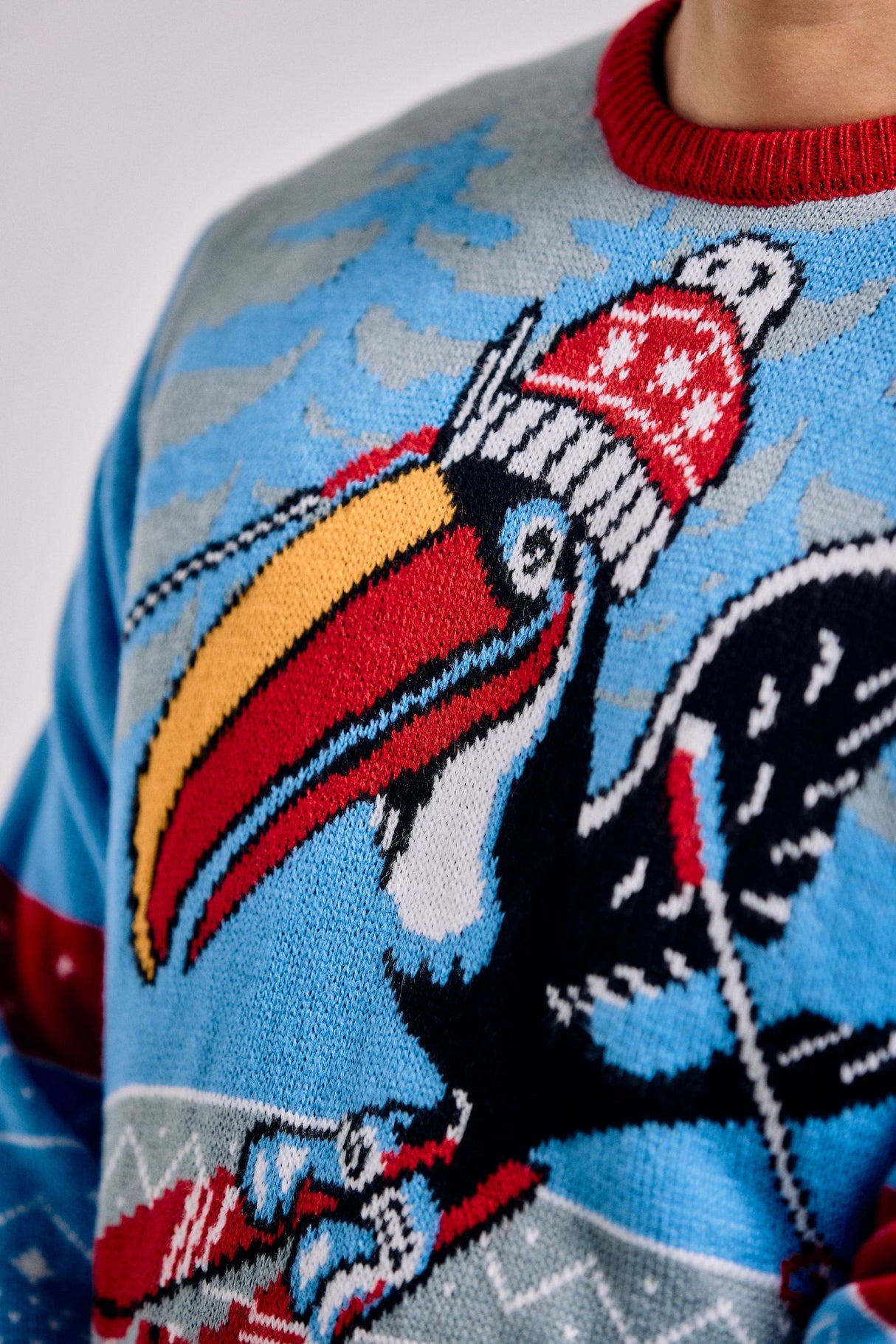 Close-up of a sweater with a colorful toucan design on a blue background.