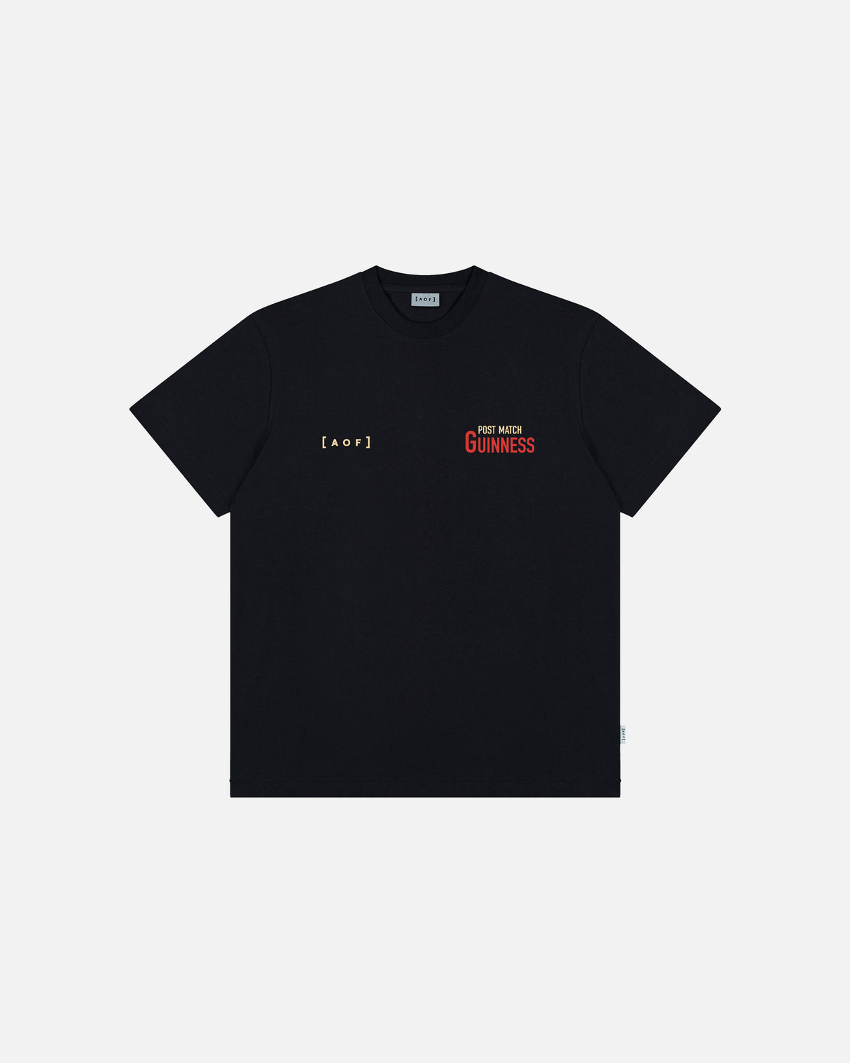 Black t-shirt with red and white text on a light gray background