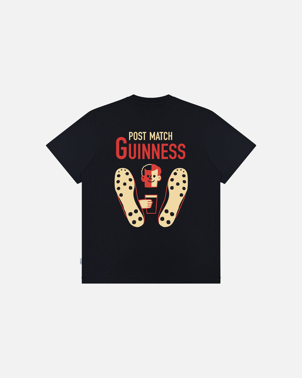 Black t-shirt with 'Post Match Guinness' text and graphic on a white background