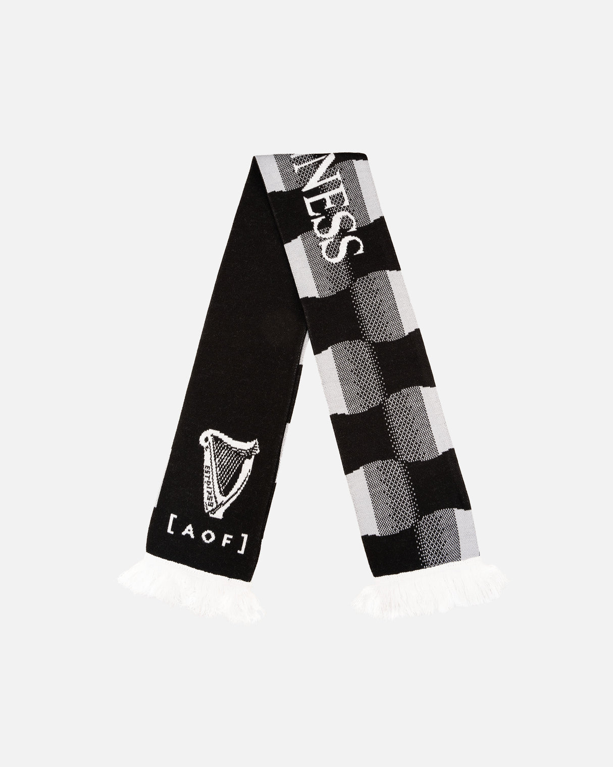 Black and white checkered scarf with a logo on a white background