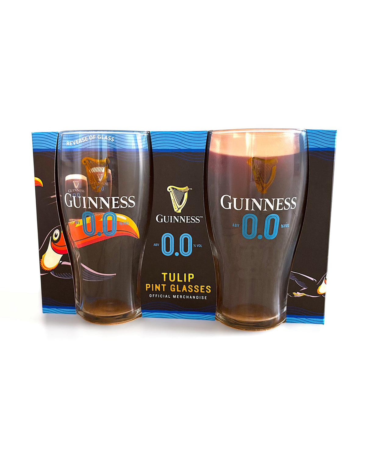 Two Guinness tulip pint glasses with packaging on a white background