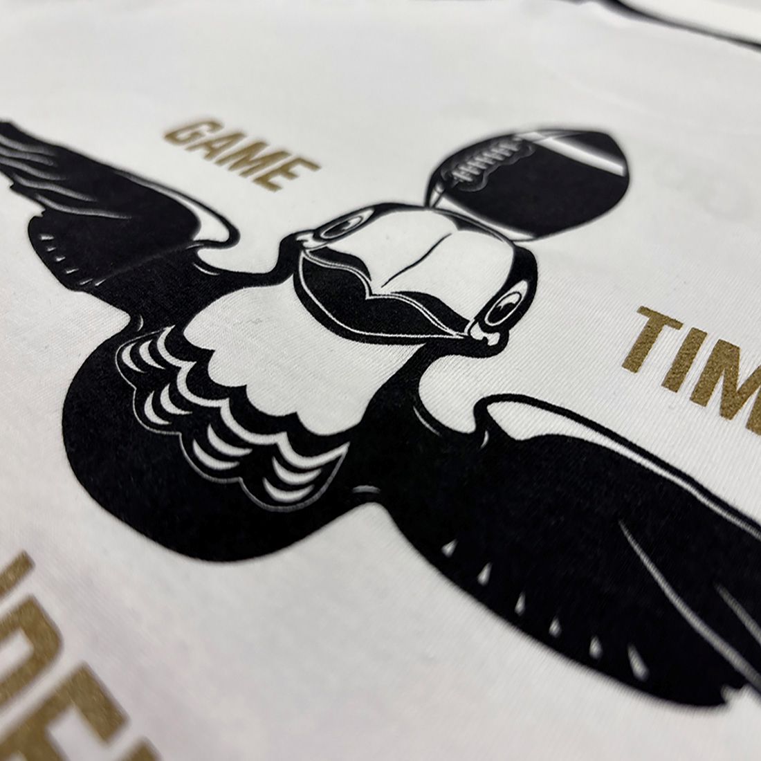 Close-up of a logo with a toucan holding a football and text on a white background