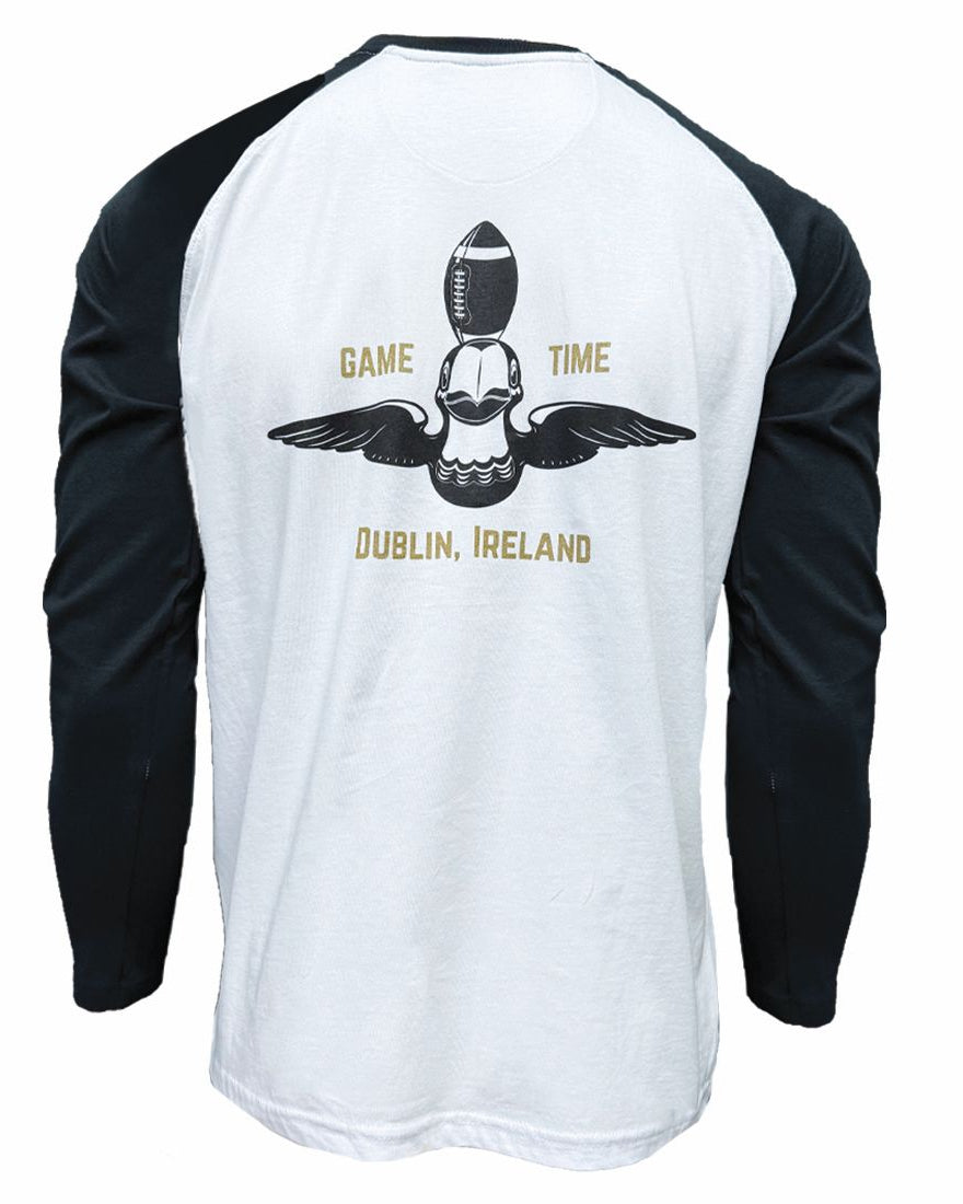 Long-sleeve shirt with eagle design and text on a white background