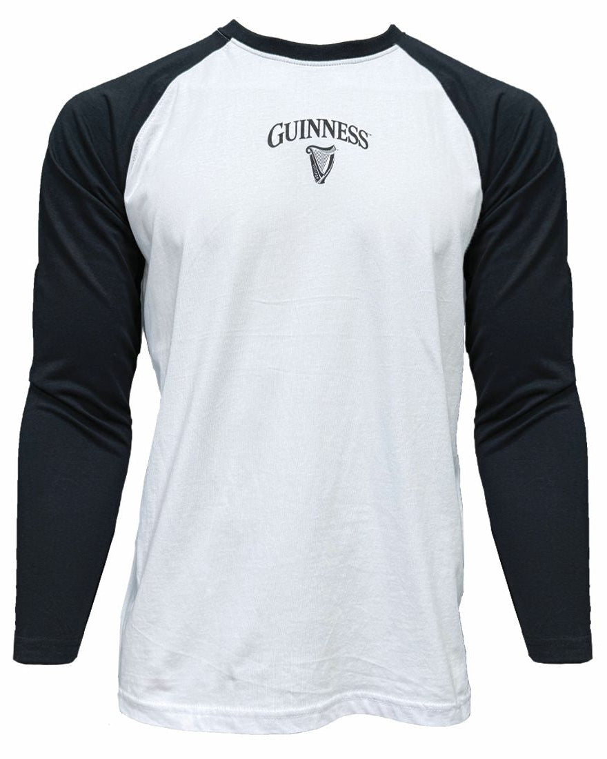 White and black long-sleeve shirt with Guinness logo on a white background