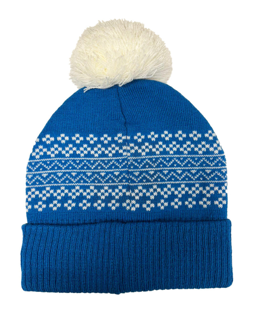 Blue knit beanie with white pattern and pom-pom on a white background