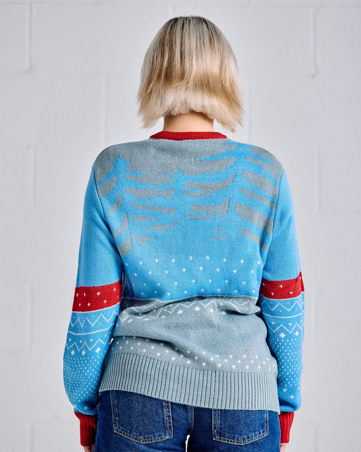 Person wearing a blue sweater with red and gray patterns against a white wall