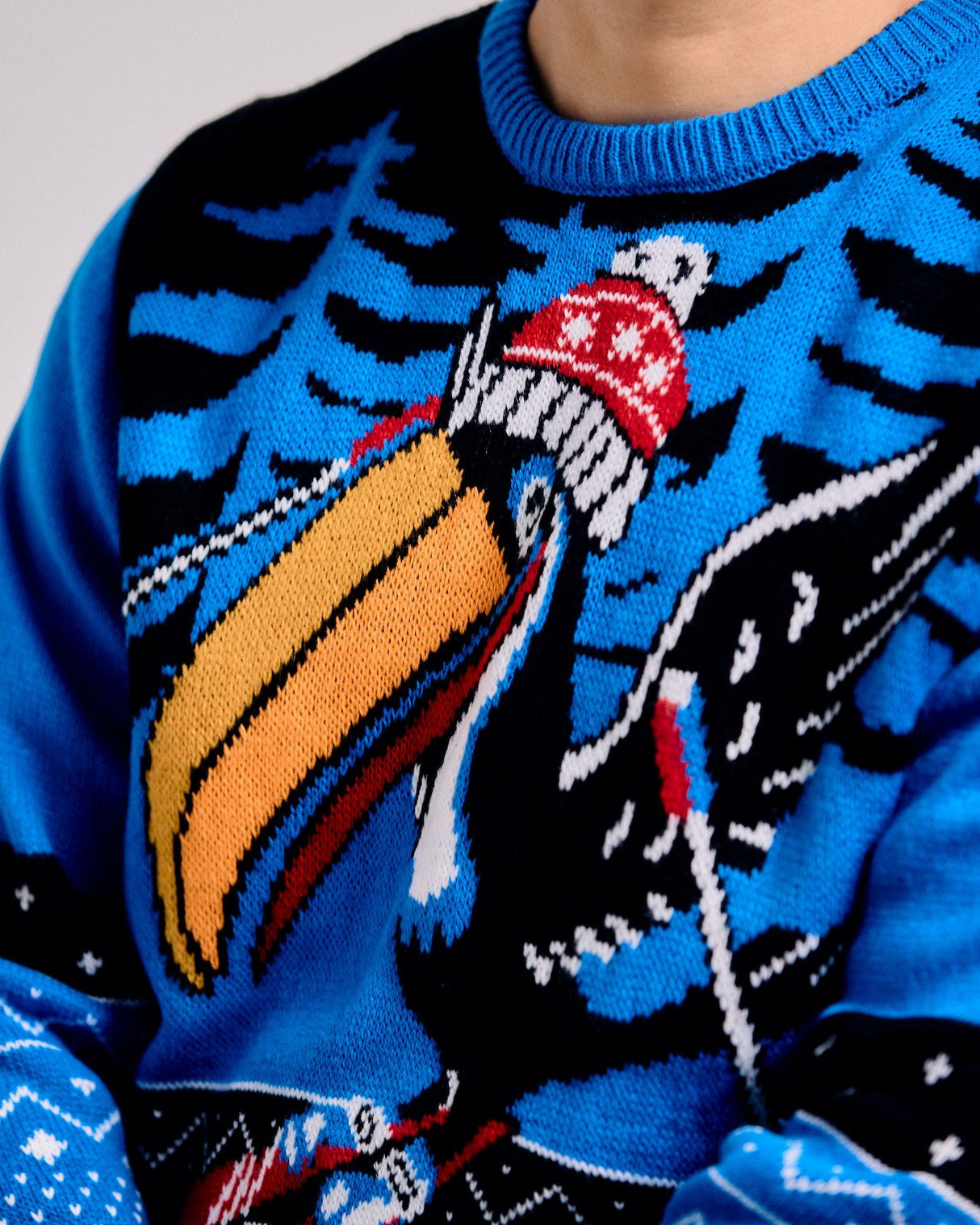 Person wearing a blue sweater with a toucan design on a gray background