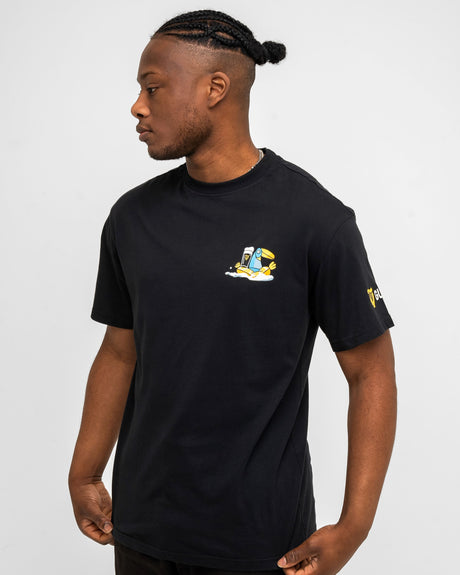 Man wearing a black t-shirt with a colorful logo on a white background