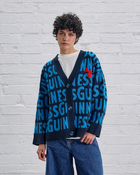 Model wearing the lovely day blue cardigan from the exclusive clothing collection in the Guinness Storehouse, Dublin, Ireland.