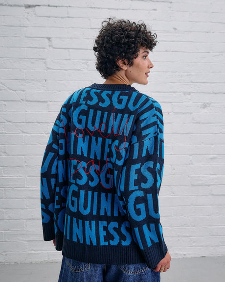 Model wearing the lovely day blue cardigan from the exclusive clothing collection in the Guinness Storehouse, Dublin, Ireland.