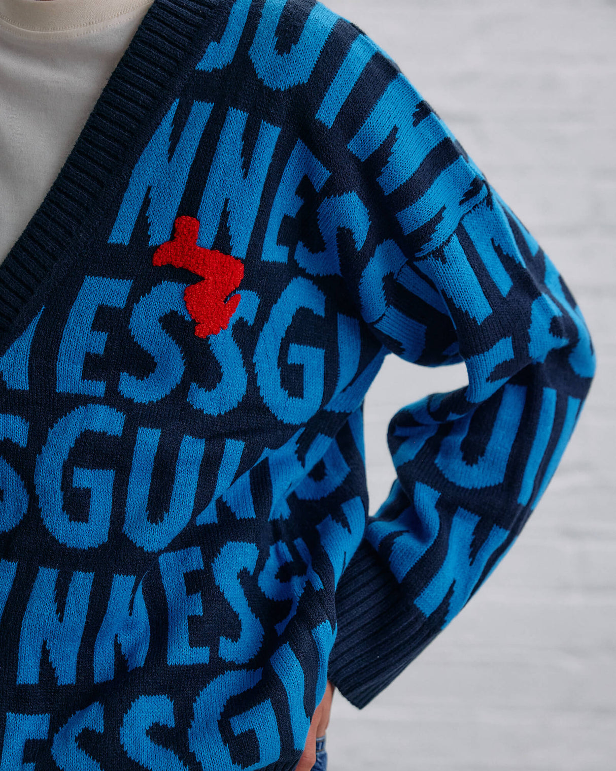 Close up image of the lovely day blue cardigan from the exclusive clothing collection in the Guinness Storehouse, Dublin, Ireland.