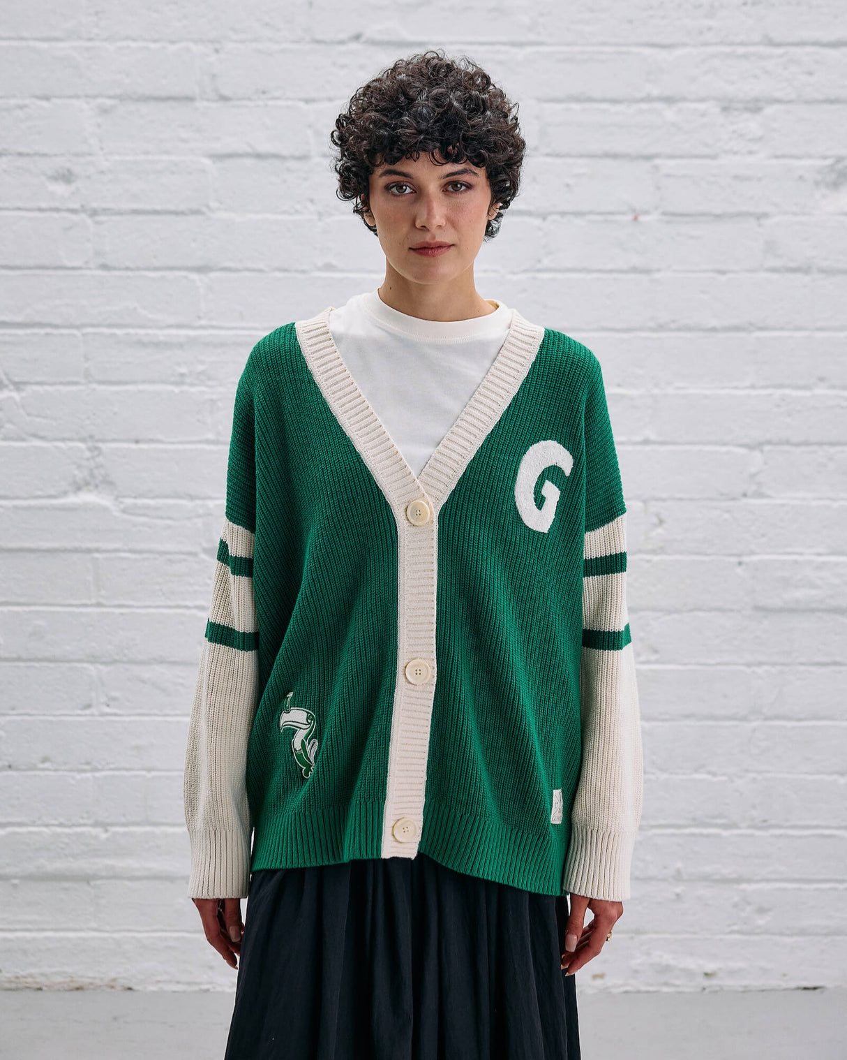 Model wearing the Guinness Ireland Green Cardigan.