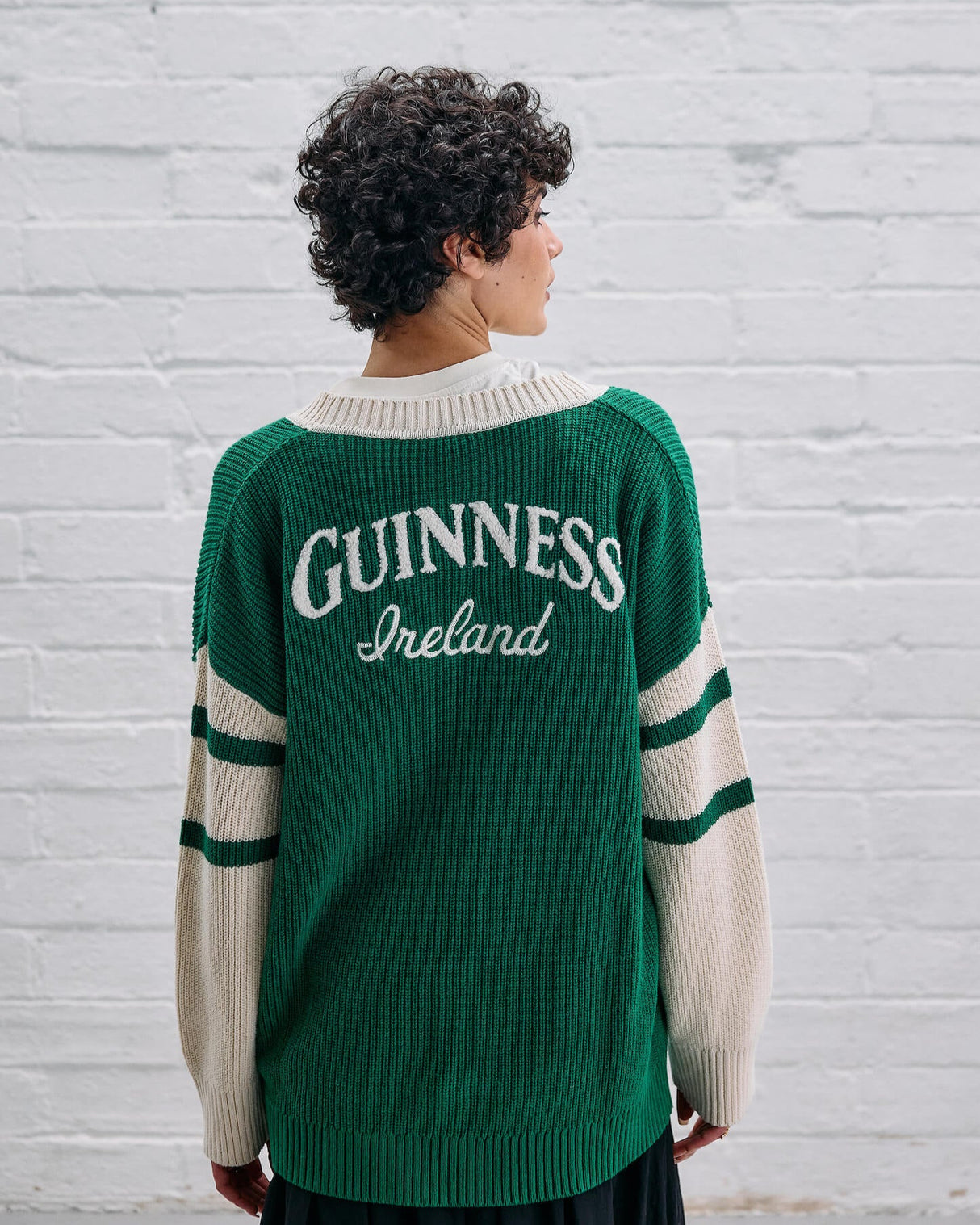 Model wearing the Guinness Ireland Green Cardigan.