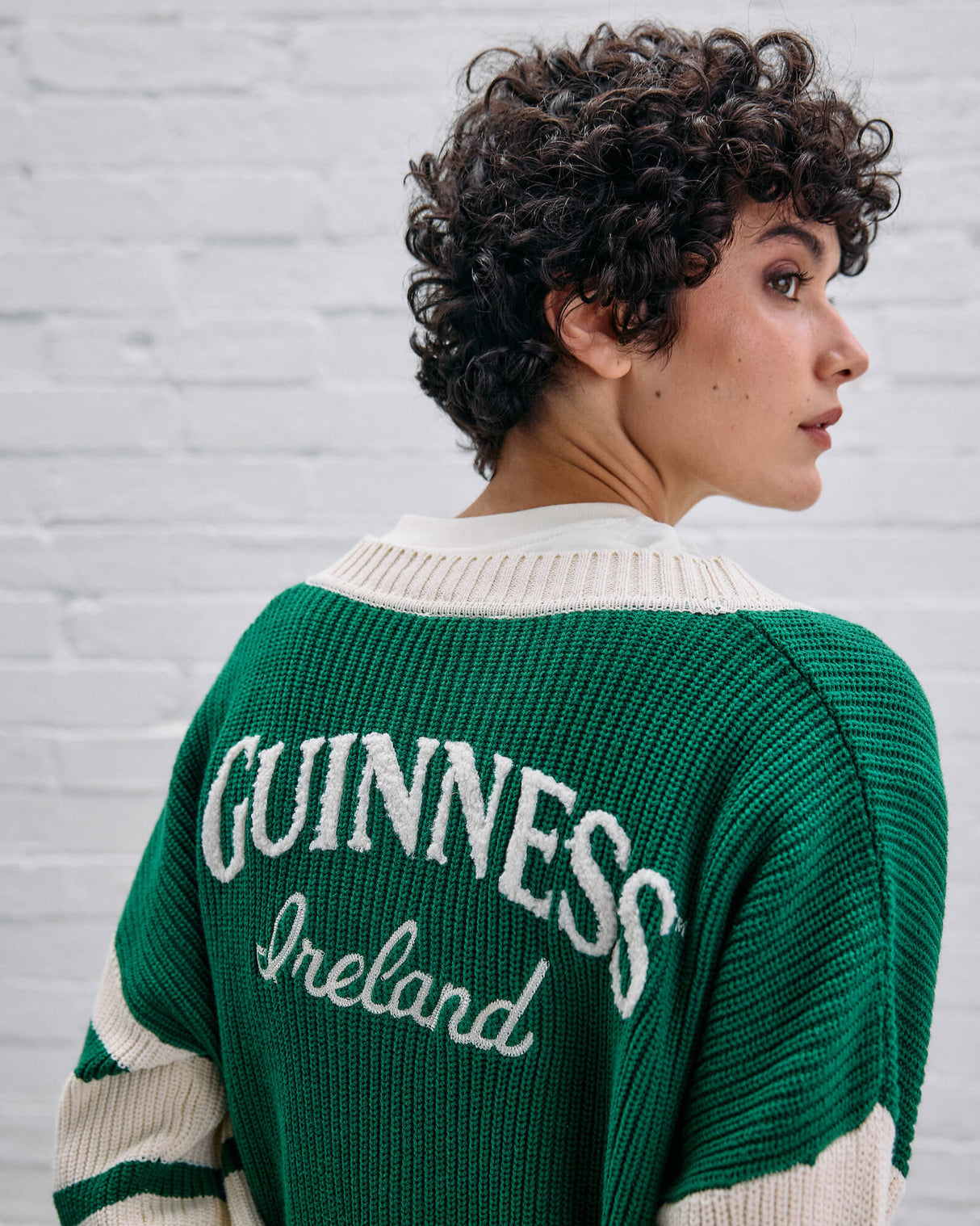 Model wearing the Guinness Ireland Green Cardigan.