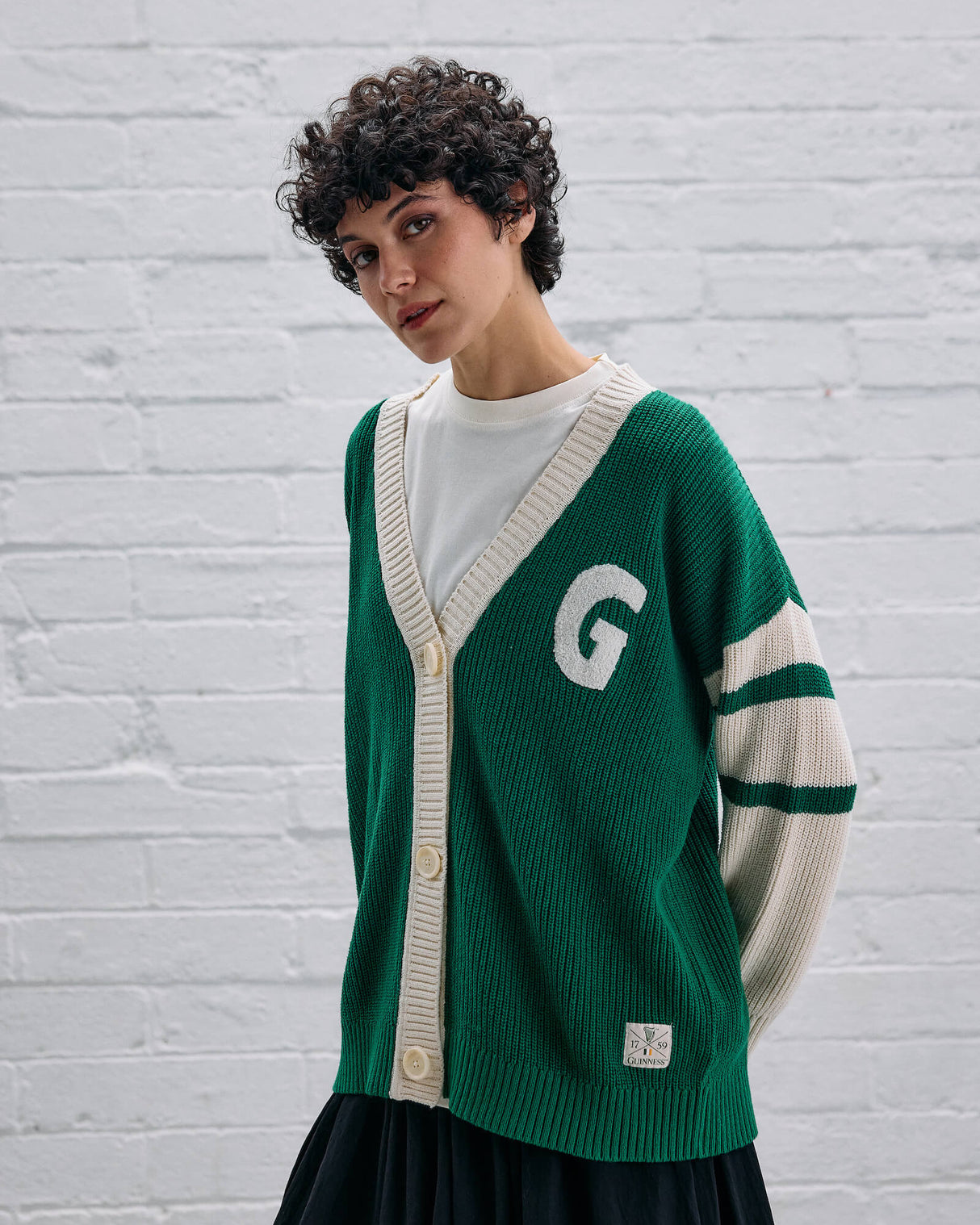 Model wearing the Guinness Ireland Green Cardigan.