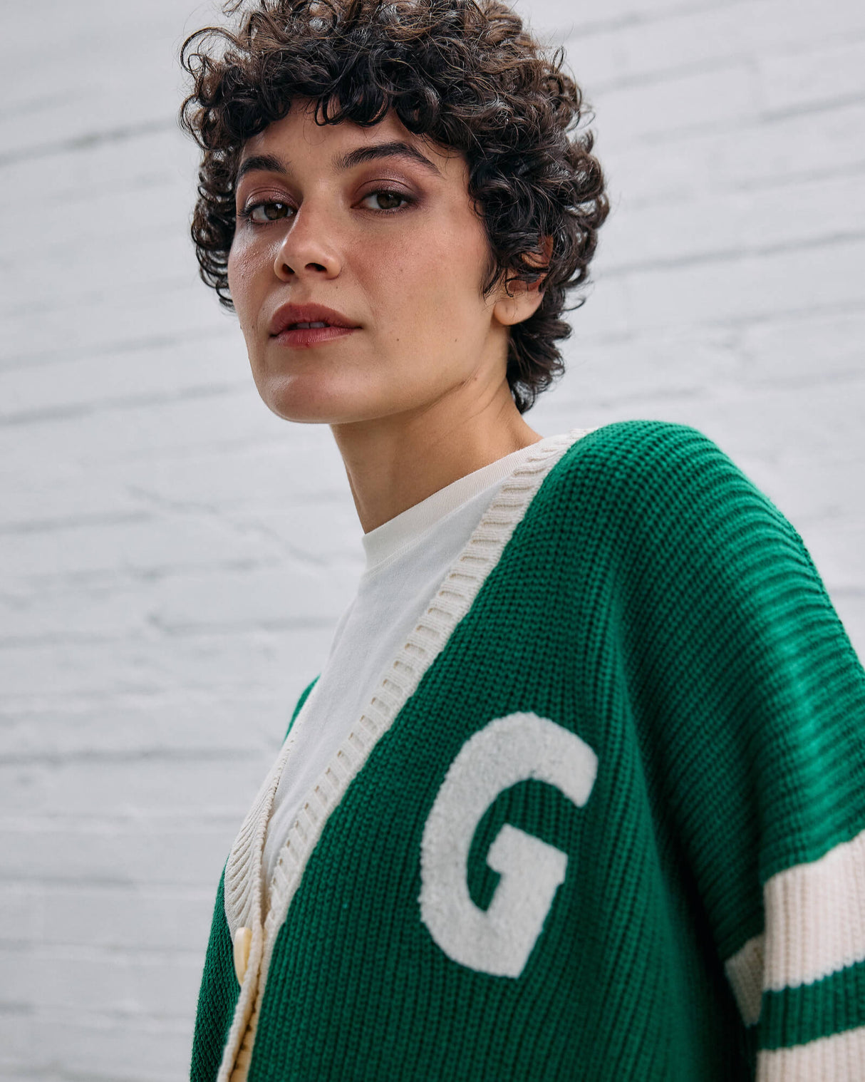 Model wearing the Guinness Ireland Green Cardigan.
