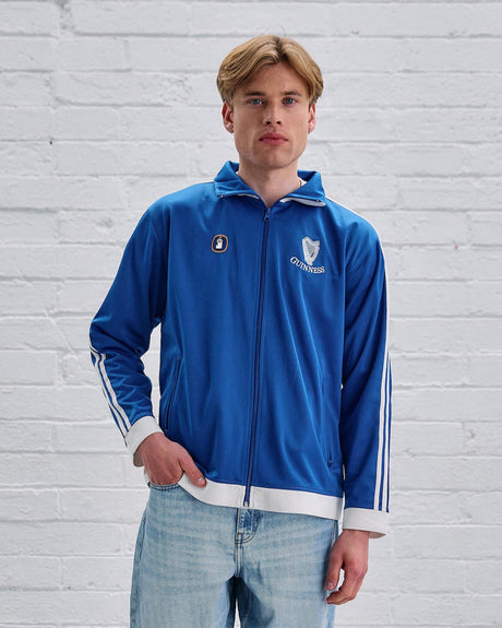 Model wearing the Guinness Penguin Blue Zip Jacket.