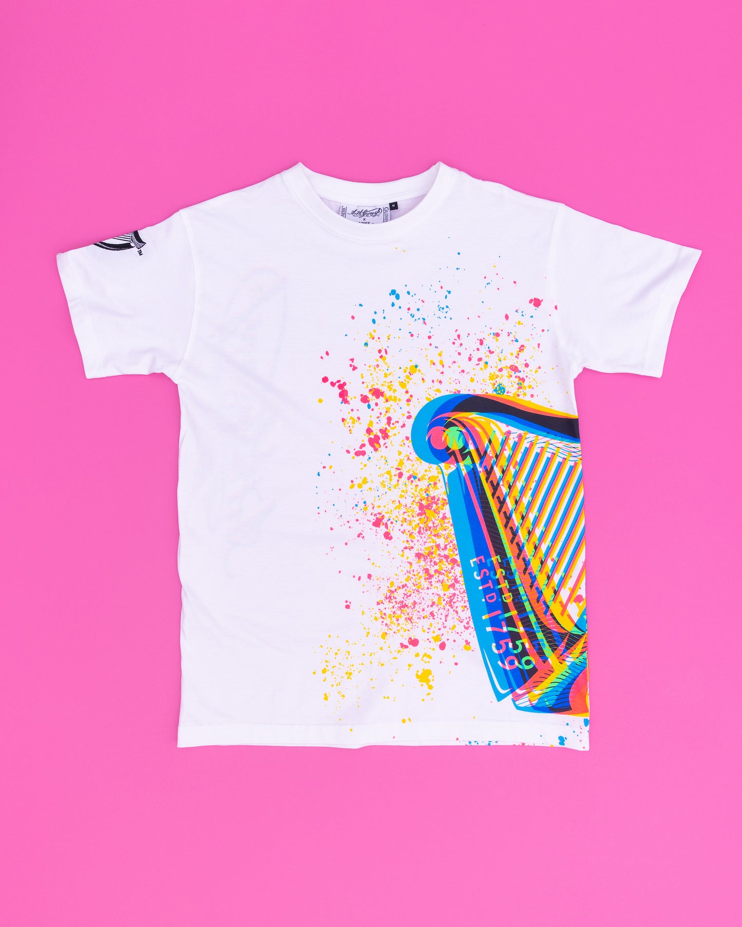 Front of the Guinness harp white t-shirt designed by the Dublin based artist, Aches, made from 100% BCI organic cotton.,