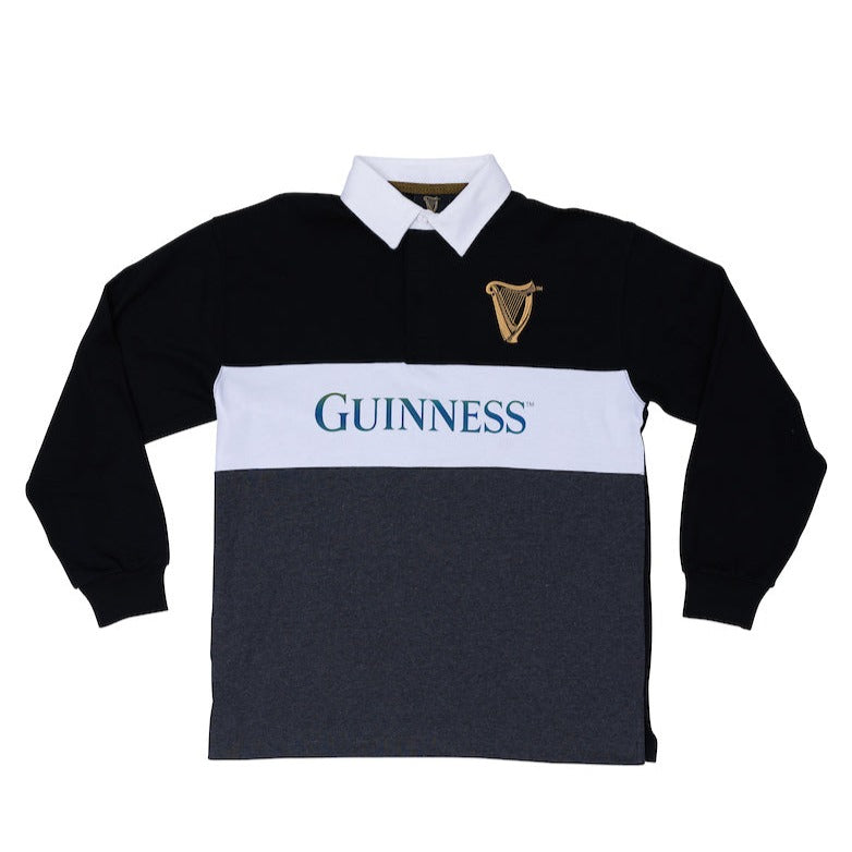 Front of the Guinness Storheouse Exclusive black, grey and white rugby polo.