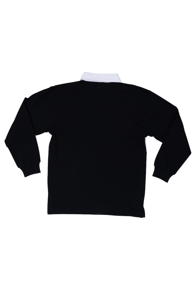 Back of the Guinness Storheouse Exclusive black, grey and white rugby polo.