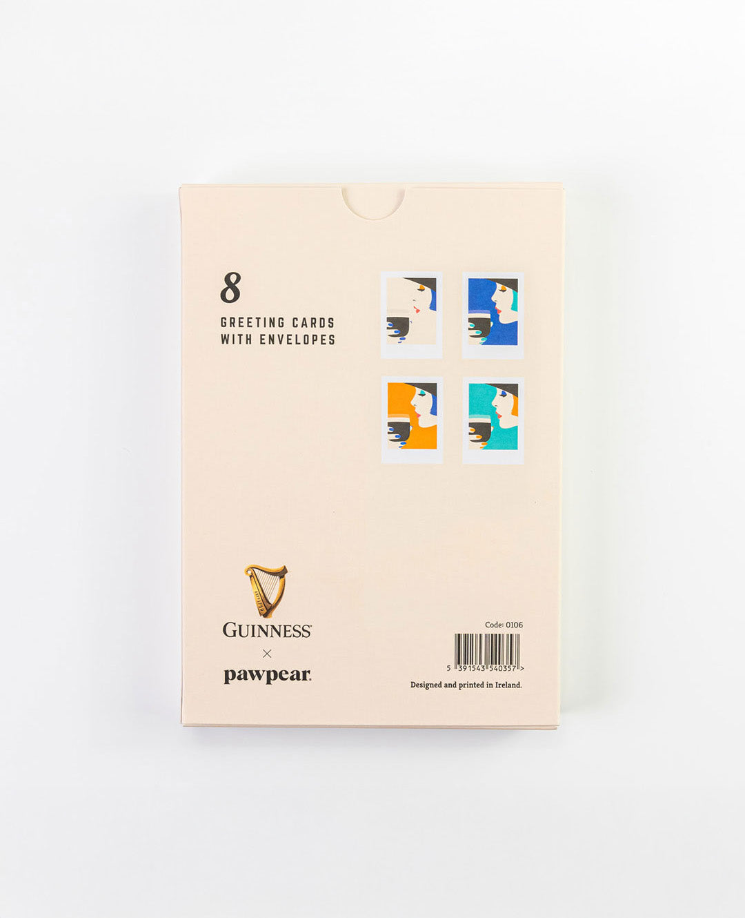 Pack of 8 greeting cards with envelopes by Guinness x pawpear on a white background