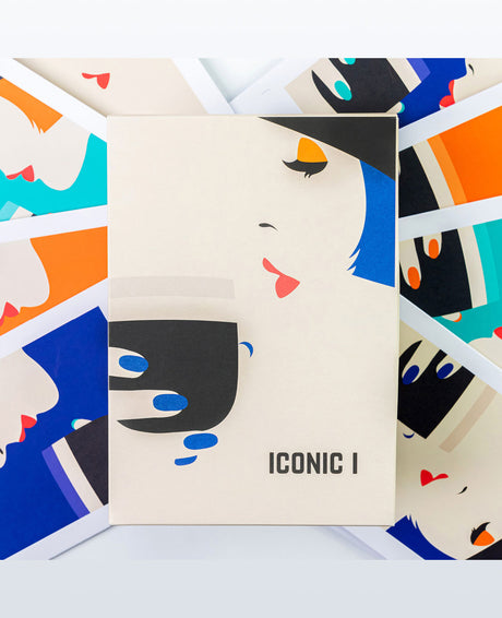Notebook with 'Iconic I' design on a colorful abstract background