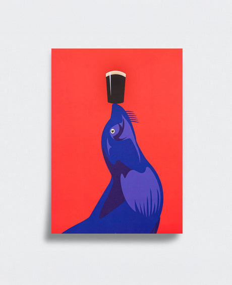 Abstract art piece with a blue figure and black object on a red background