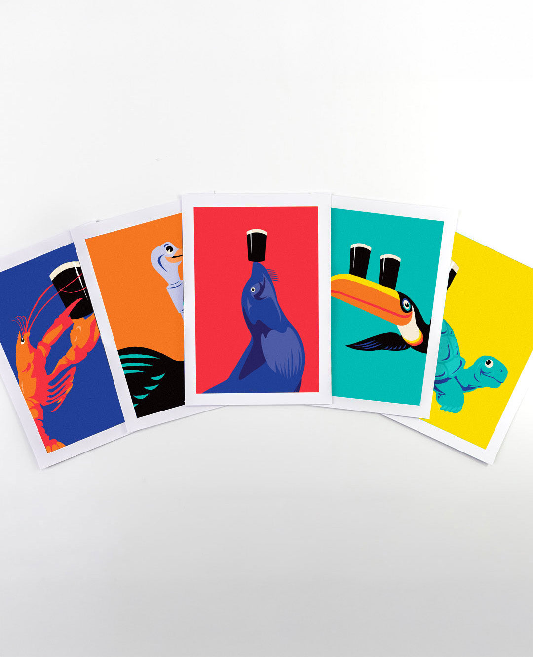 Set of five colorful cards with animal illustrations on a white background