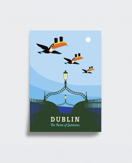 Poster with toucan illustrations and Dublin text on a blue and green background