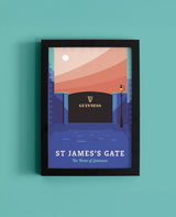 Framed artwork of St James's Gate with Guinness logo on a teal background