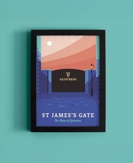 Framed artwork of St James's Gate with Guinness logo on a teal background