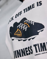 White sweatshirt with black Kick off time is Guinness Time and graphic design on a blurred background