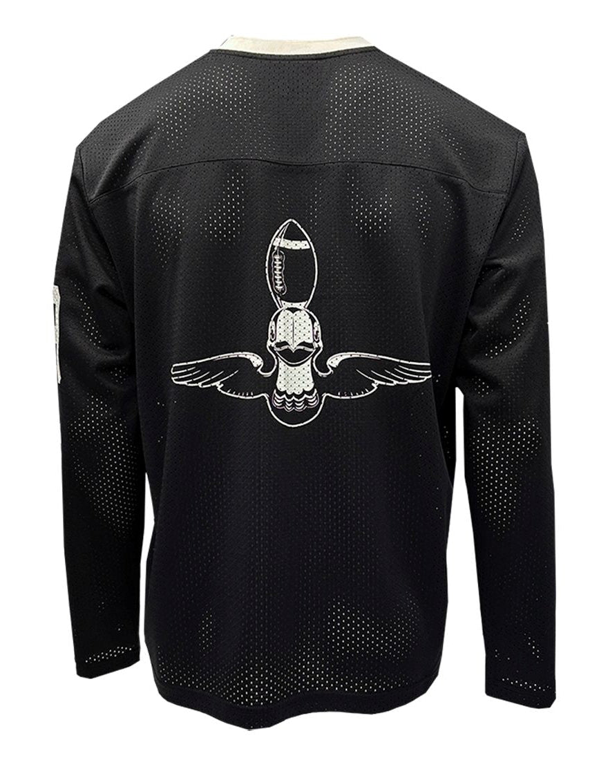 Black sports jersey with a white graphic design on the back against a white background