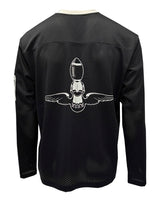 Black sports jersey with a white graphic design on the back against a white background