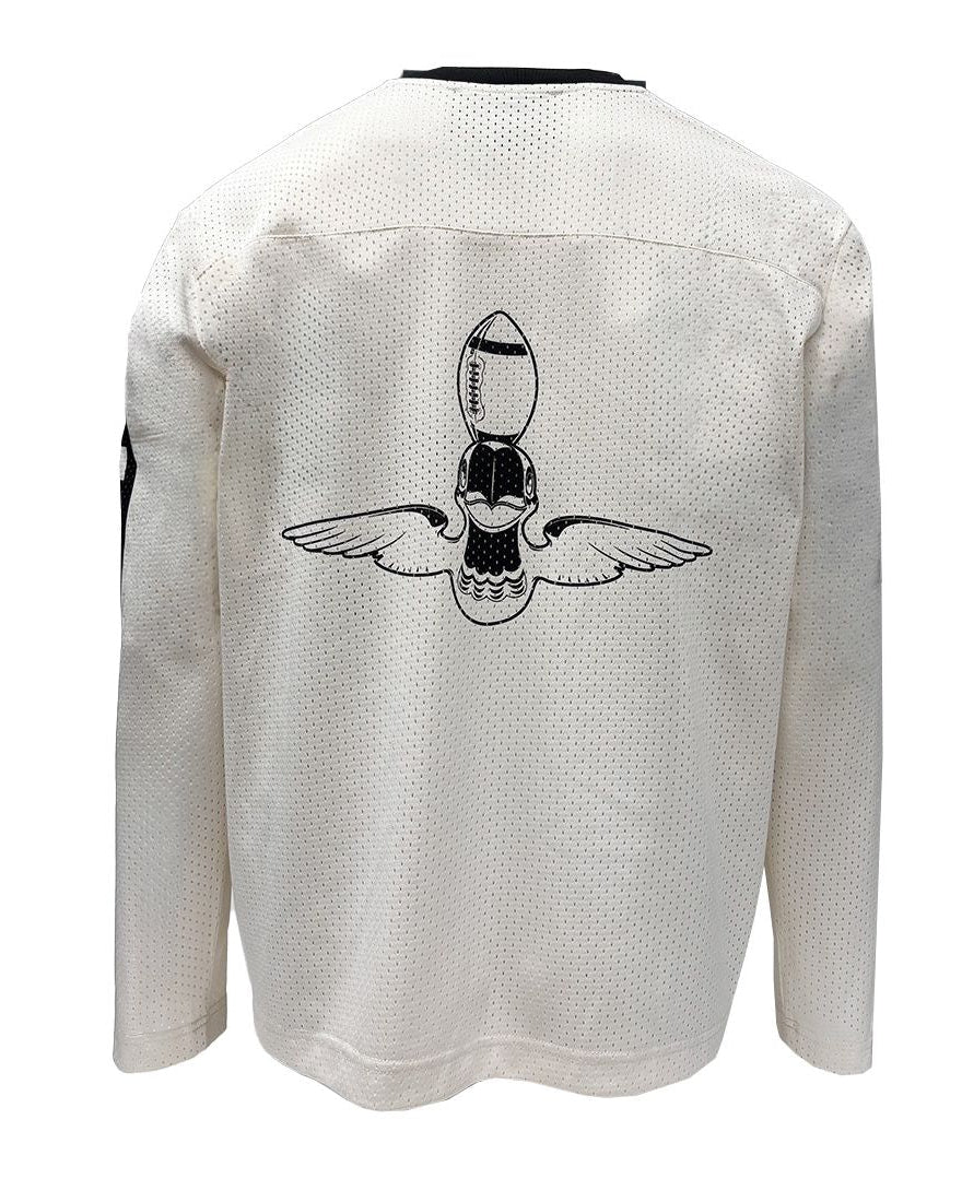 White long-sleeve shirt with a black graphic on the back against a white background