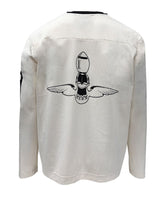 White long-sleeve shirt with a black graphic on the back against a white background