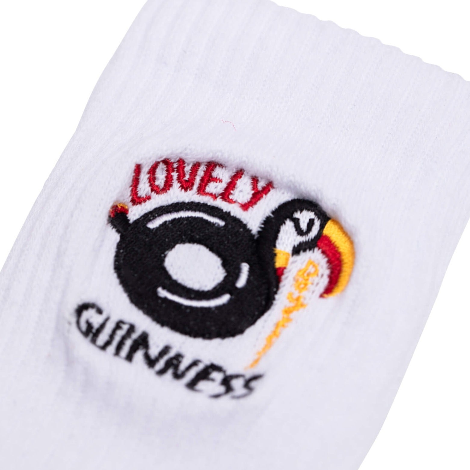 Detail of the Guinness x Fatti Burke White Toucan Socks.