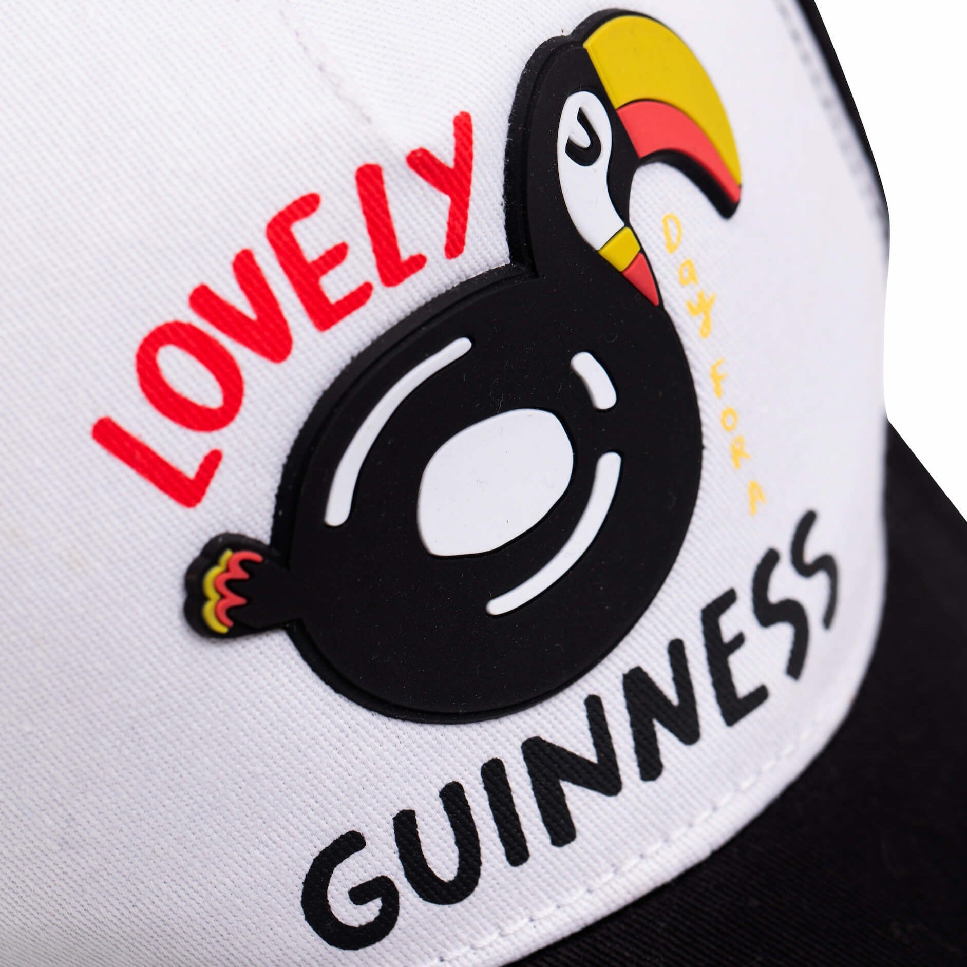 Detail of the Lovely Day Black and White Toucan cap by Guinness and Kathi Burke.