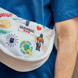 Detail shot of a man wearing the Guinness Storehouse, Dublin, Ireland, exclusive white belt bag.