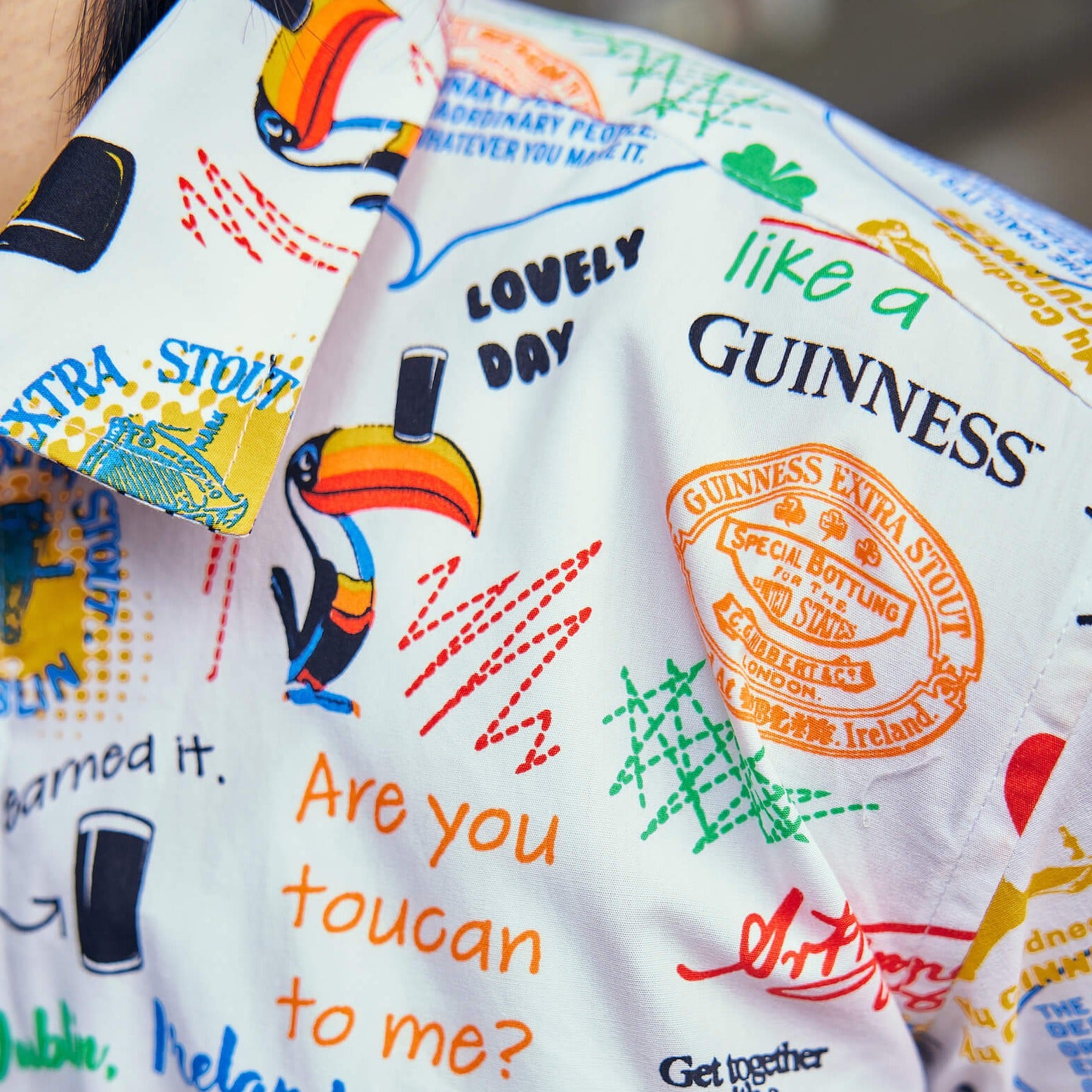 Detail image of the Guinness Storehouse white shirt from the new doodle range, exclusive at the Guinness Storehouse, in Ireland.