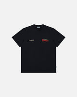 Black t-shirt with red and white text on a light gray background